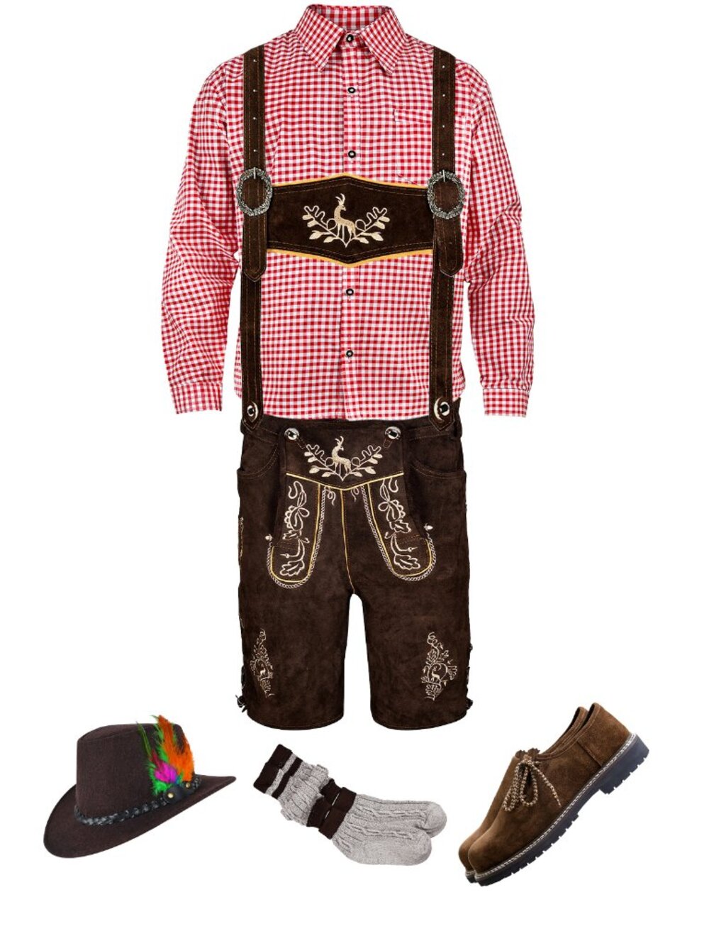 Mens Bavarian Lederhosen Complete Set Oktoberfest Shirt Hat Socks Shoes German